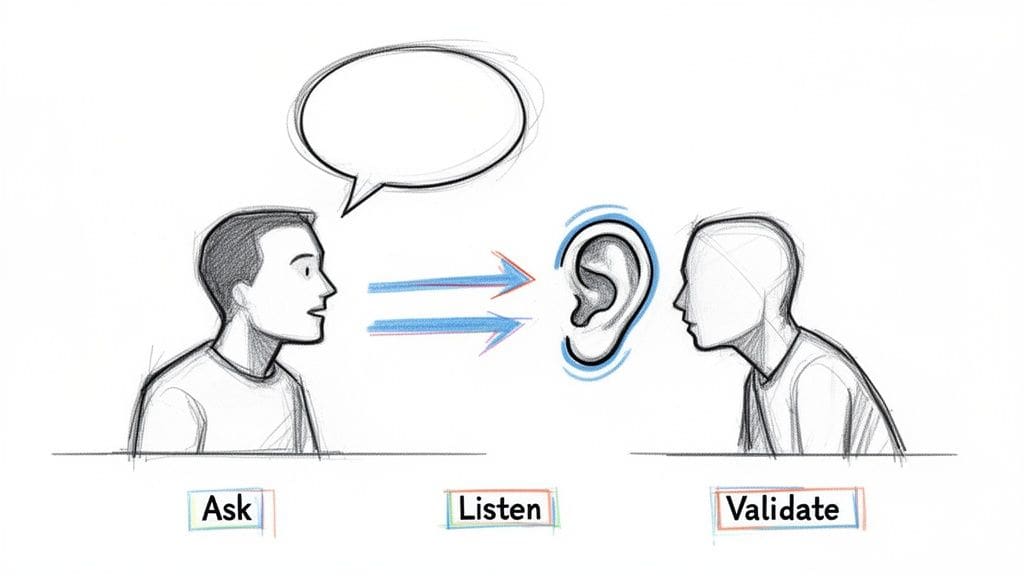 A diagram illustrating communication steps: Ask, Listen, Validate, showing a speaker, arrows to an ear, and a listener representing clear boundary communication.