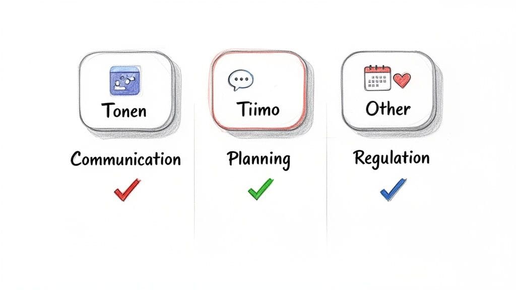 Visual guide categorizing apps: Tonen for communication, Tiimo for planning, and other apps for regulation.