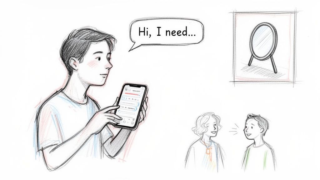 A person uses a communication app on a smartphone, displaying 'Hi, I need...' and visual aids for clear communication.