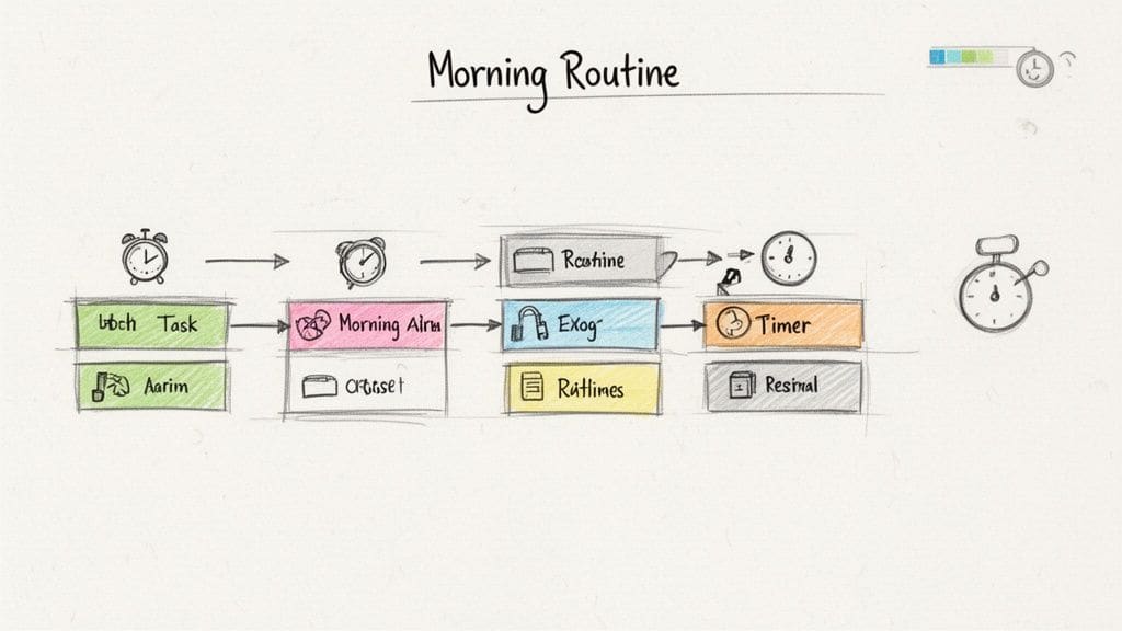 Hand-drawn flowchart illustrating a 'Morning Routine' with steps like tasks, alarms, and timers for executive function support.