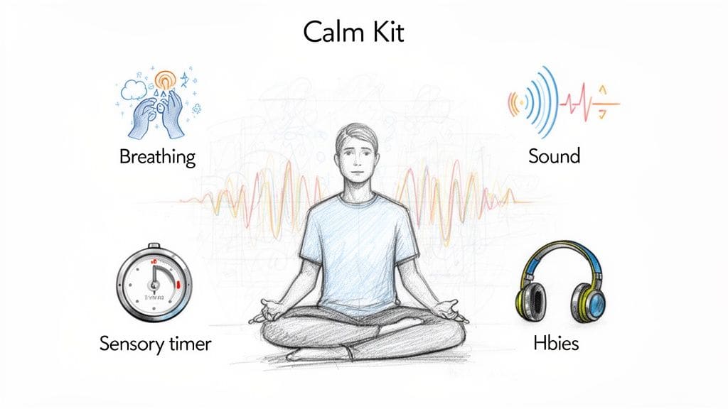Illustration of a Calm Kit with a person meditating, breathing, sound, a sensory timer, and headphones for emotional regulation.