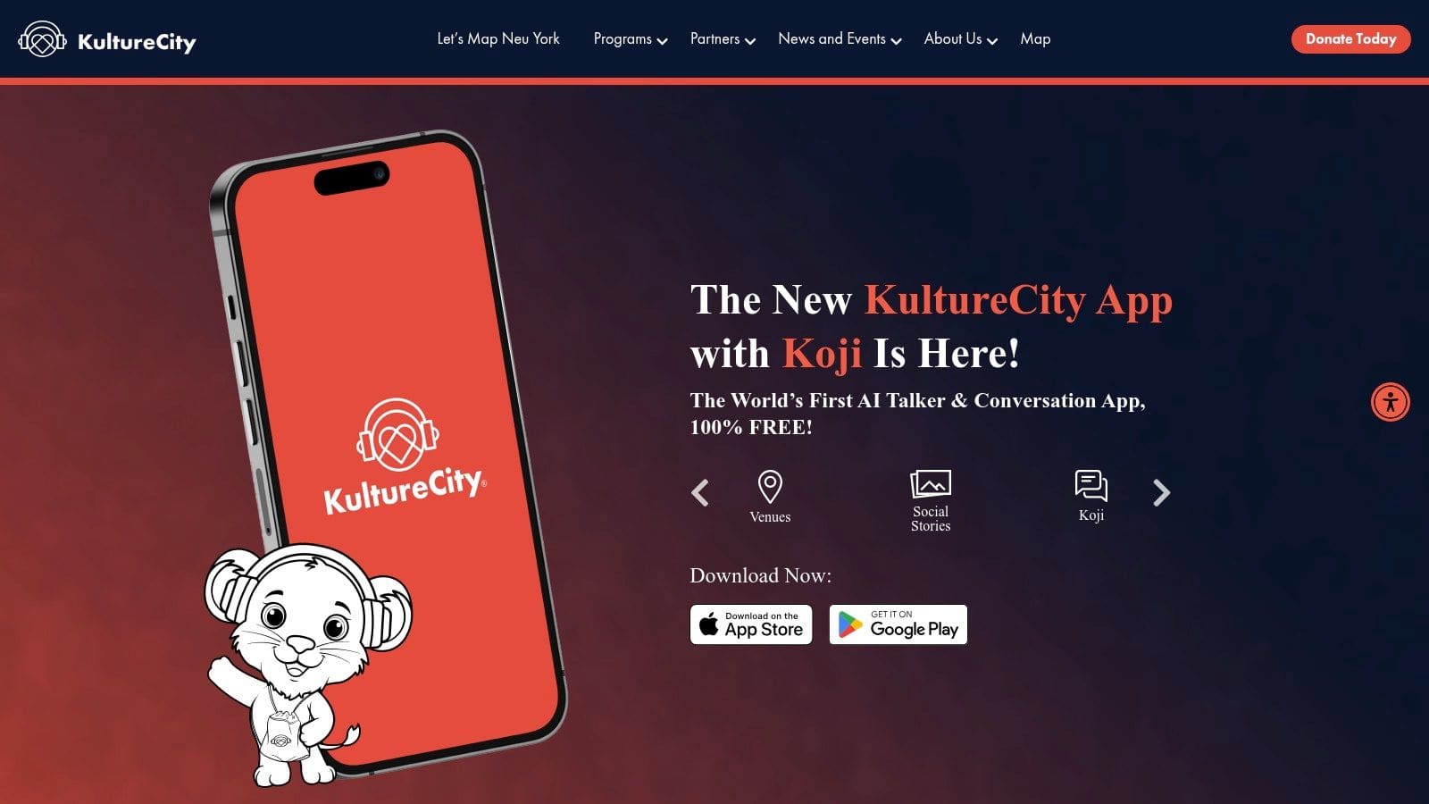 An iPhone displaying the KultureCity app interface, showing a map with location pins and a menu for social stories and other features.