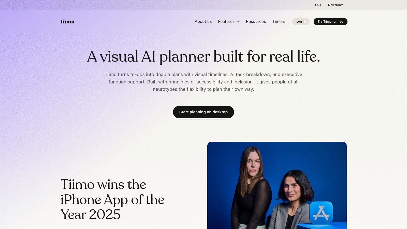 A screenshot of the Tiimo app's AI co-planner feature, showing how a user can ask it to break down a task like 