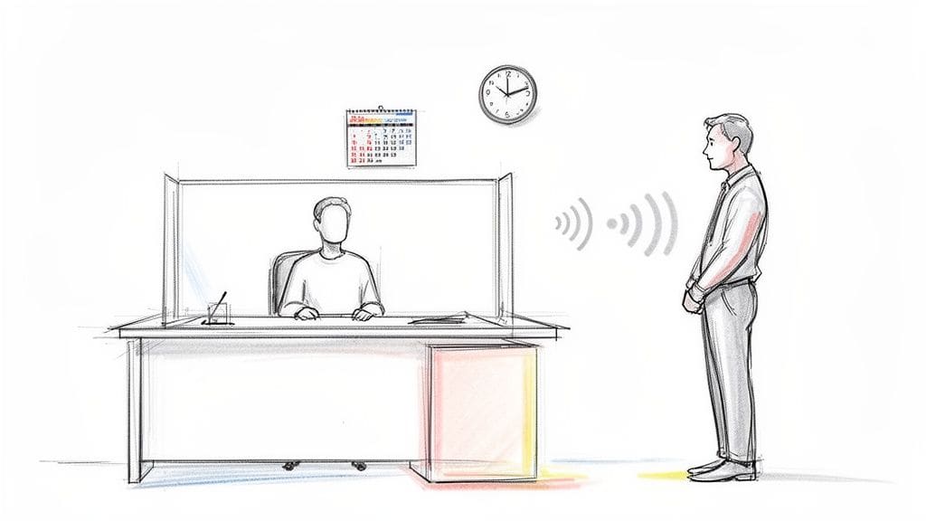 Two men conversing across a desk with a sneeze guard, indicating a protected discussion about workplace boundaries.