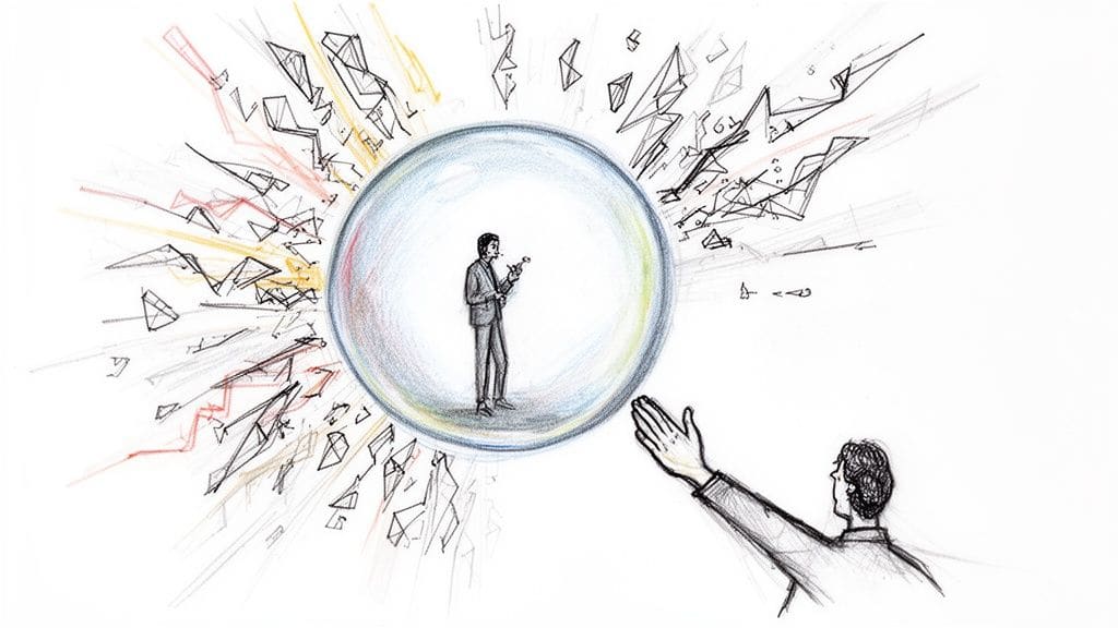 An illustration shows a man in a protective bubble while another man outside tries to reach him amidst chaos, representing family boundary setting.