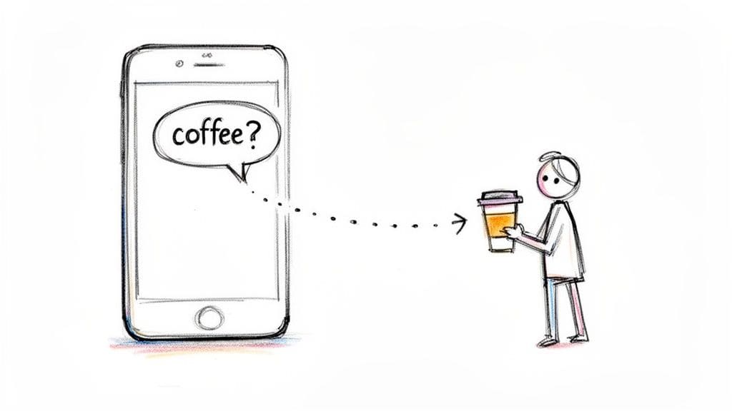 A smartphone with a speech bubble asks 'coffee?', leading to a stick figure holding a coffee cup, representing social initiation.