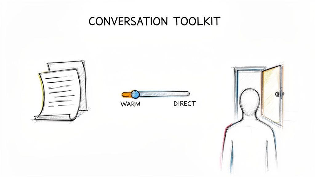 A conversation toolkit diagram showing papers, a warm-direct slider, and a person entering a door.