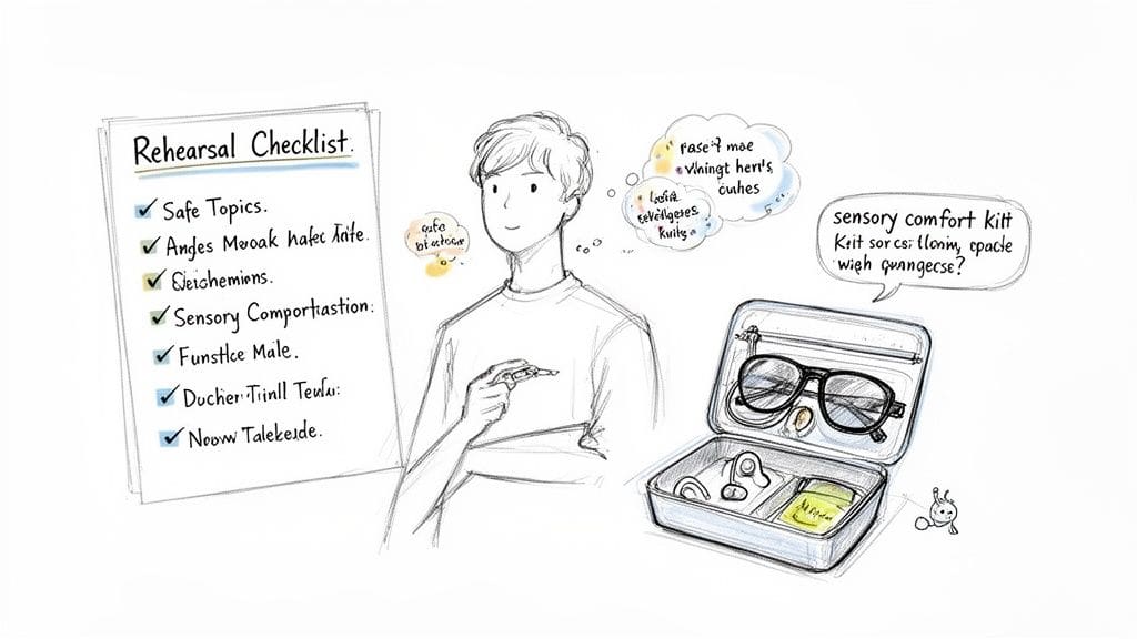 Illustration of a person with a checklist and sensory kit, possibly for an autistic individual preparing for social interaction.