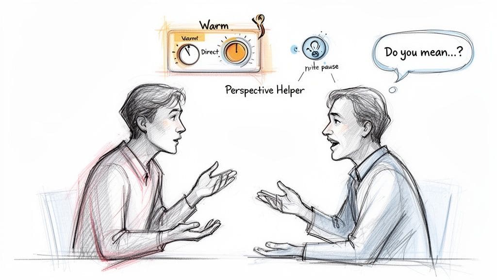 Two men communicate, guided by a 'Perspective Helper' tool for warm, direct dialogue.