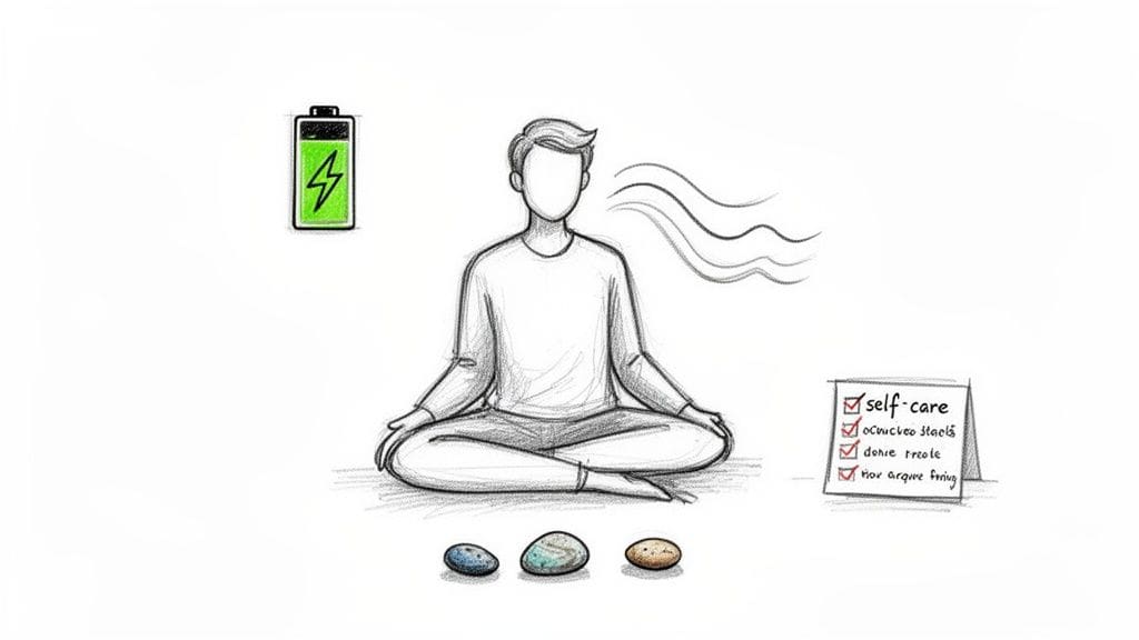 A sketch of a person meditating with a fully charged battery, a self-care checklist, and three colorful stones representing self-care and regulation.