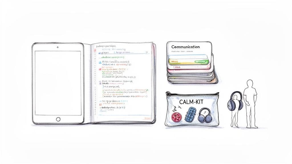 Illustration of communication and calm tools including a tablet, notebook, cards, a calm kit, and figures with headphones.