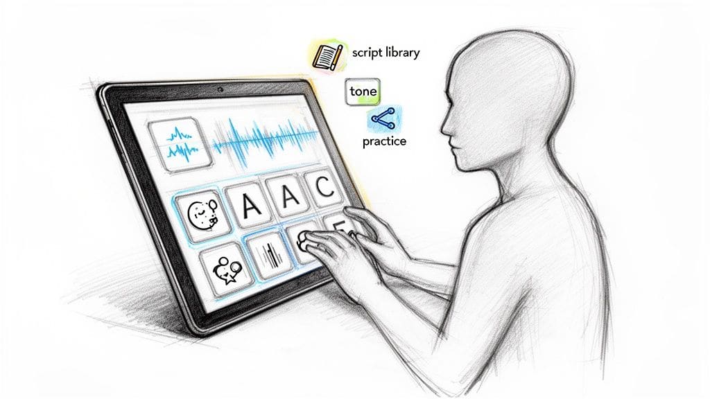 A person uses a tablet displaying AAC letters, a waveform, and communication tools for tone, script, and practice.