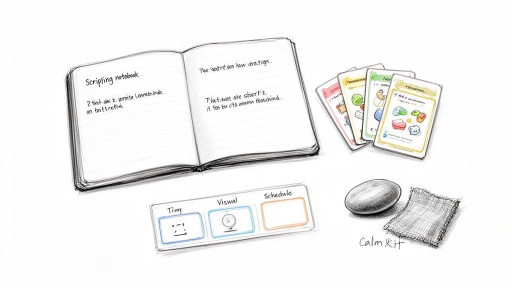 Sketch of a scripting notebook, activity cards, a schedule board, and a 'Calm Kit' with a stone and fabric.