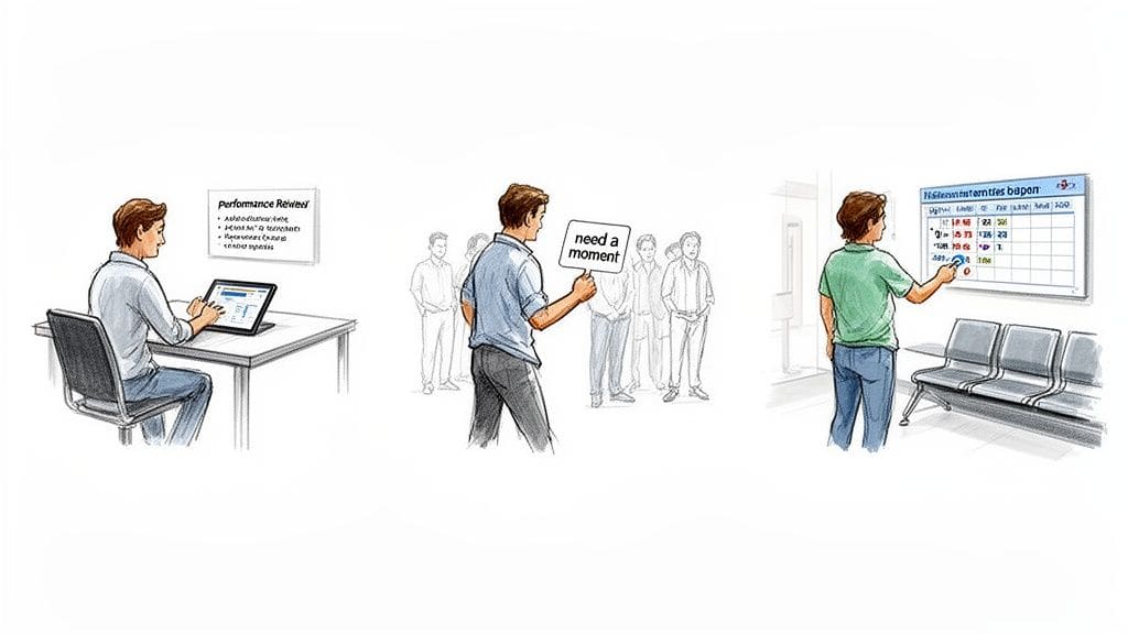Visualizing communication for autistic adults: a person using a laptop, a sign for a moment, and a digital calendar.