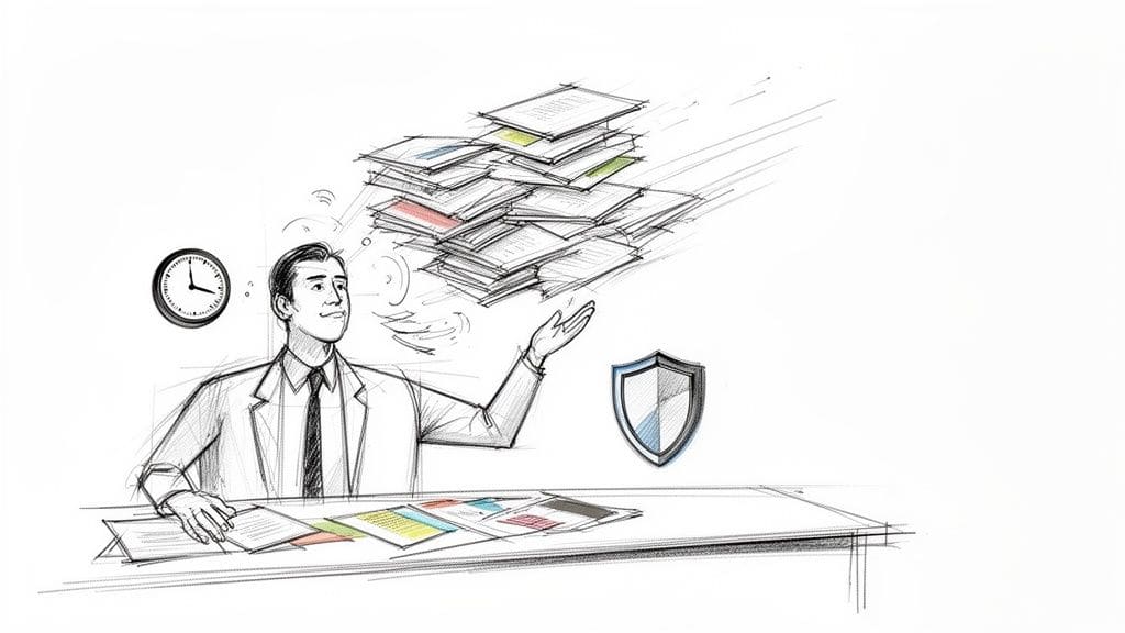 Illustration of a businessman efficiently managing documents with a focus on time and security.