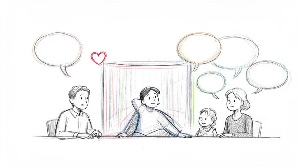 A family and another man with speech bubbles, separated by a transparent barrier, symbolizing communication and boundaries.