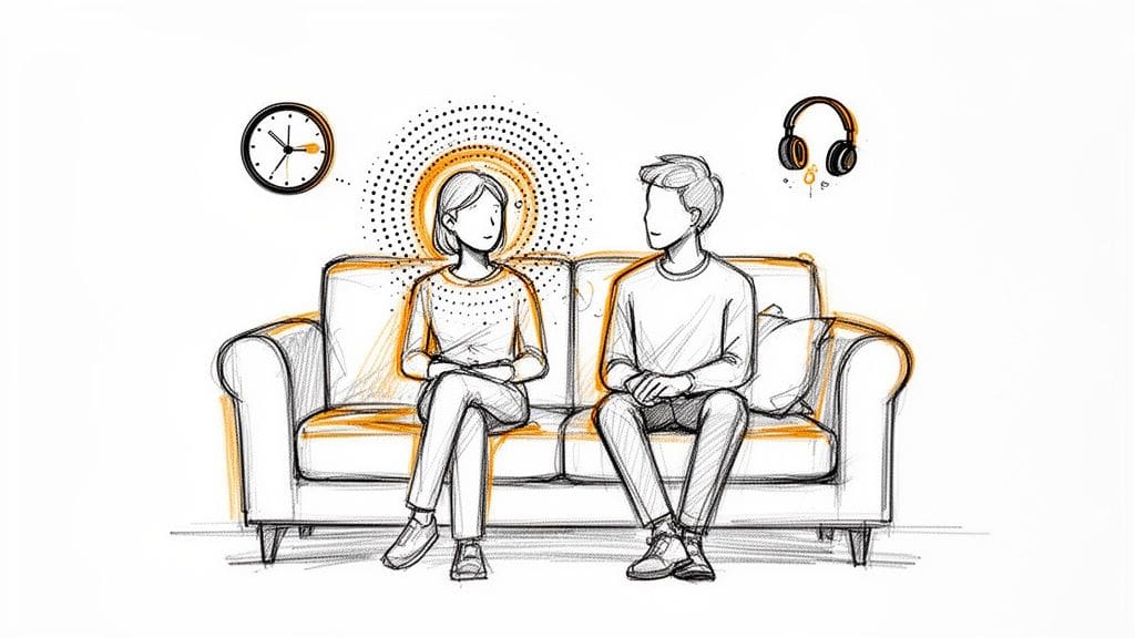 A sketch of a woman and a man sitting on a couch, facing each other, with a clock and headphones, representing a conversation about boundaries.