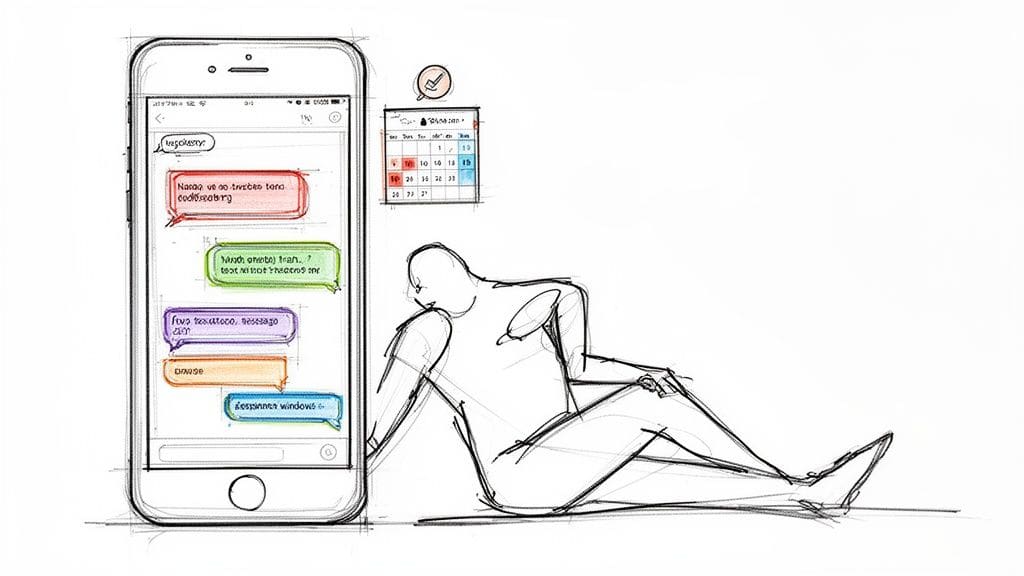 A sketch illustrating a person relaxing next to a smartphone showing a messaging app and a calendar.