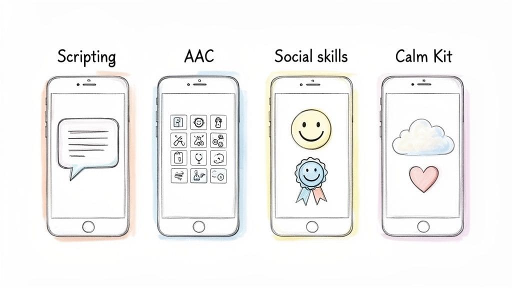 Four smartphone screens illustrating apps for scripting, AAC, social skills, and a calm kit.