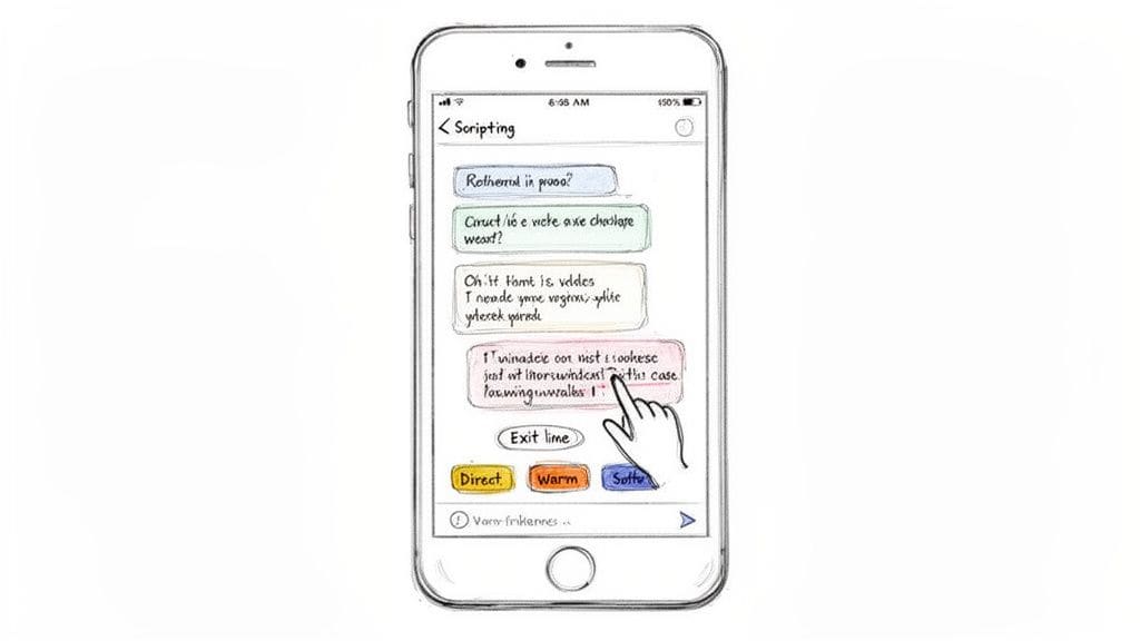 A hand-drawn sketch of an iPhone showing a 'Scripting' messaging app with multiple text bubbles and interactive buttons.