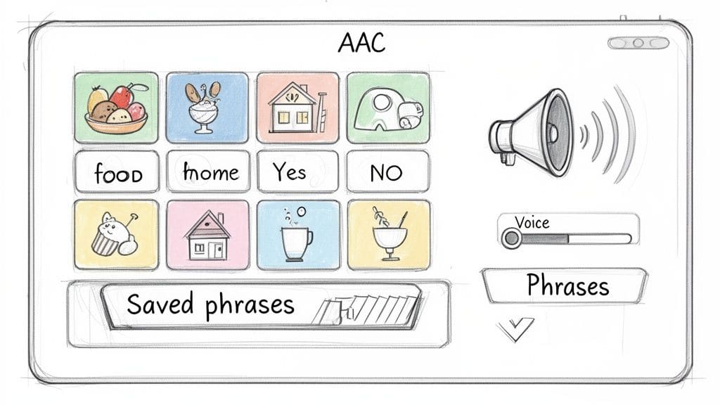 A sketch of an AAC communication app interface with pictorial and text buttons, speaker, and voice volume controls.