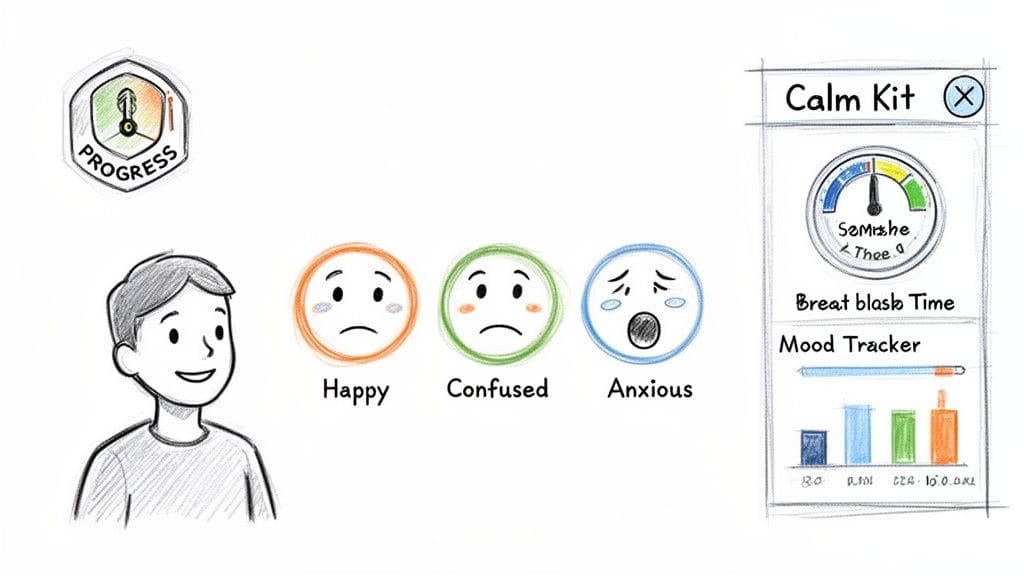 A sketch illustrating a self-care app with mood tracking features, emojis for emotions, and a progress badge.