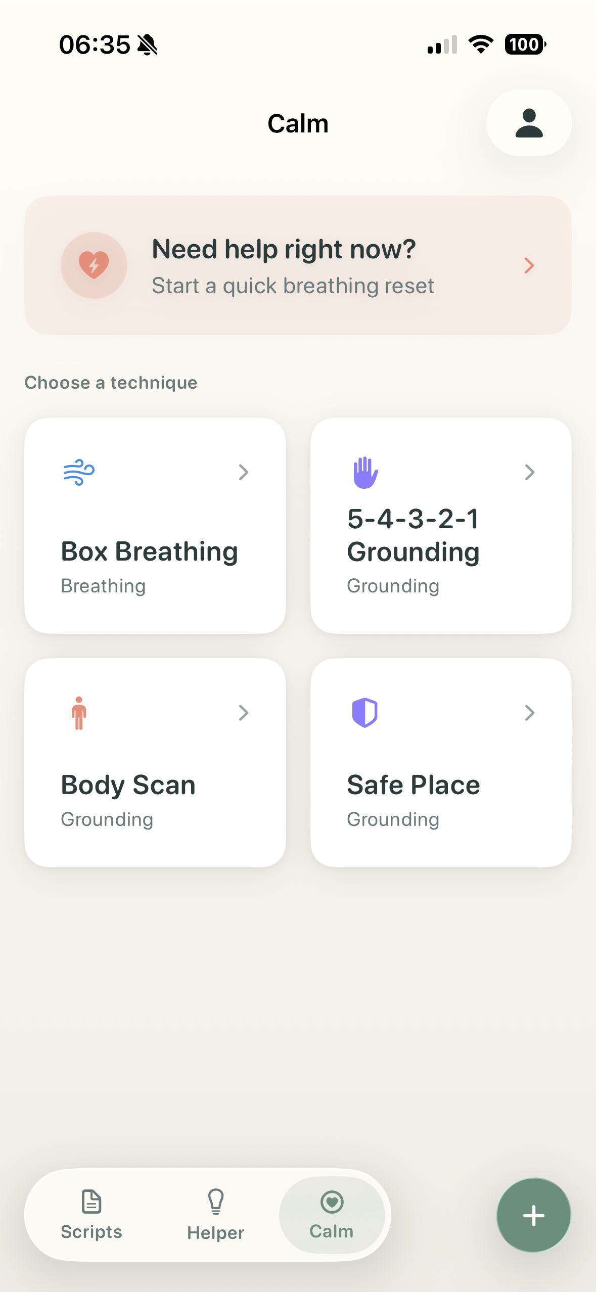 tonen Calm screen with breathing and grounding exercises