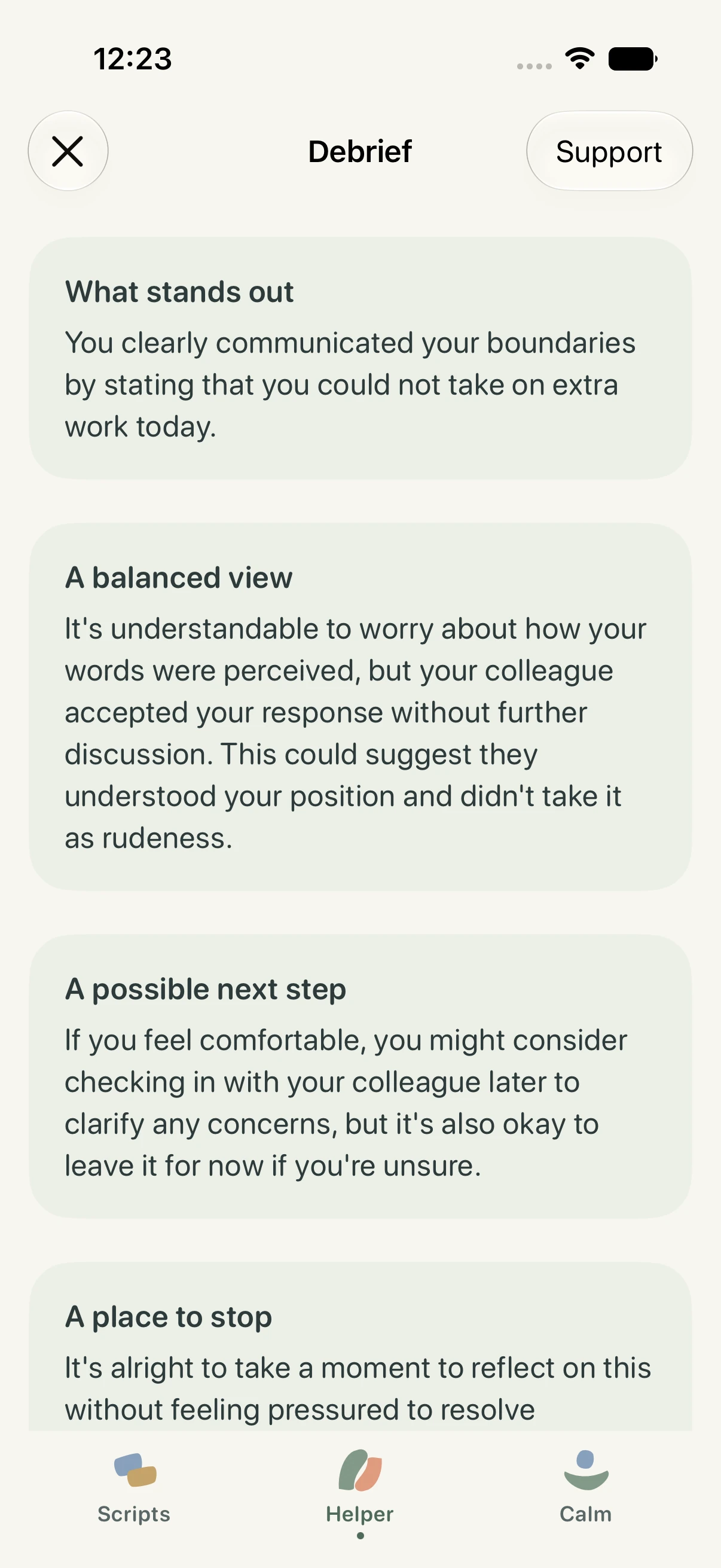 Debrief showing what stands out, a balanced view, a possible next step and a place to stop