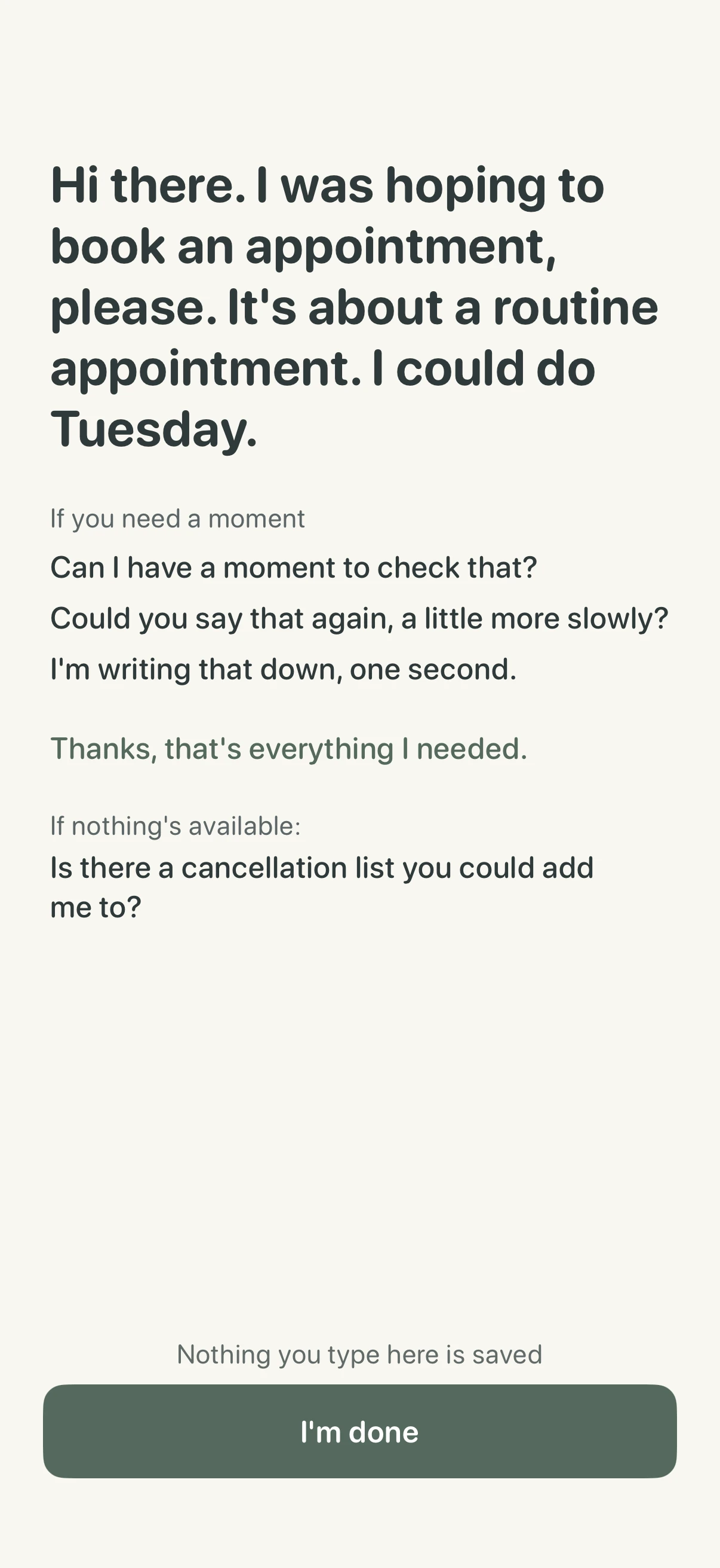 Phone Call Mode with an appointment opener and lines for asking for a moment