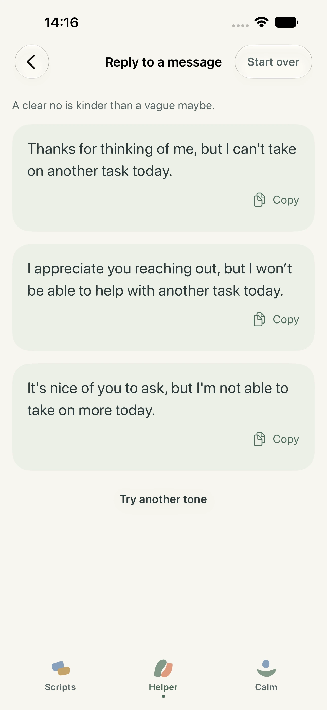 Reply Helper showing three suggested responses to a message