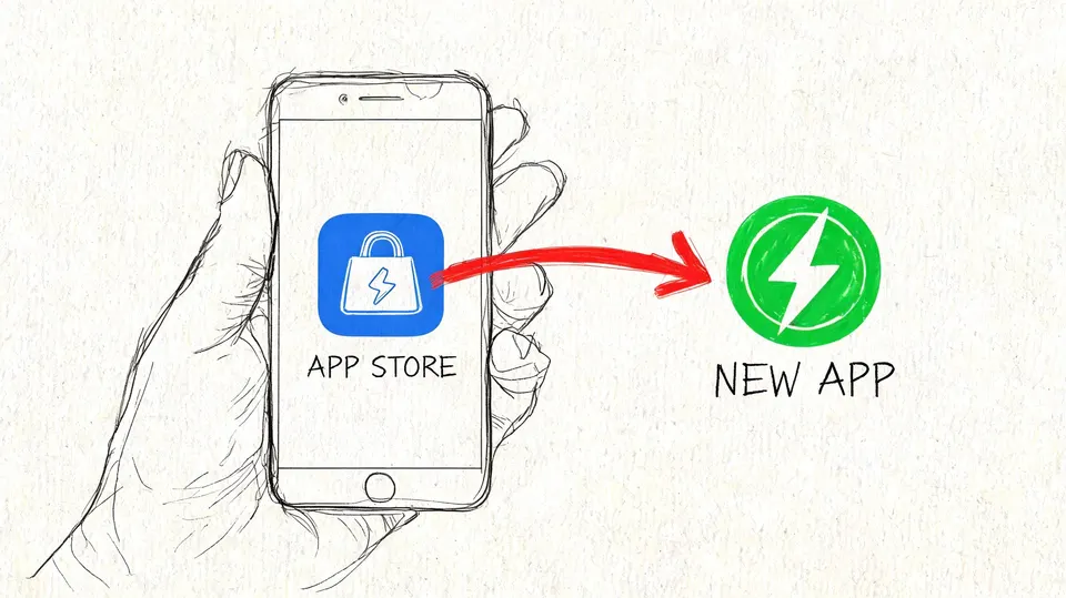 An illustration of an app listing and a phone download.