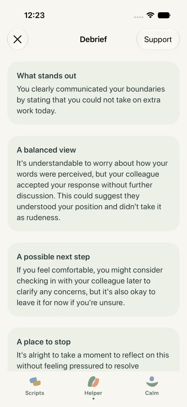 Debrief showing what stands out, a balanced view, a possible next step and a place to stop