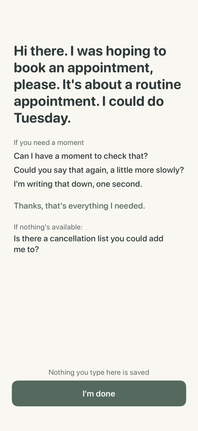 Phone Call Mode with an appointment opener and lines for asking for a moment