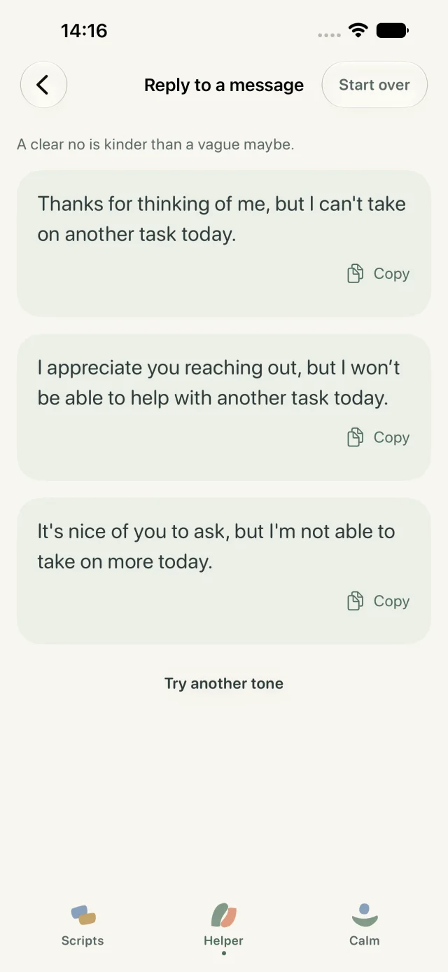 Reply Helper showing three suggested responses to a message