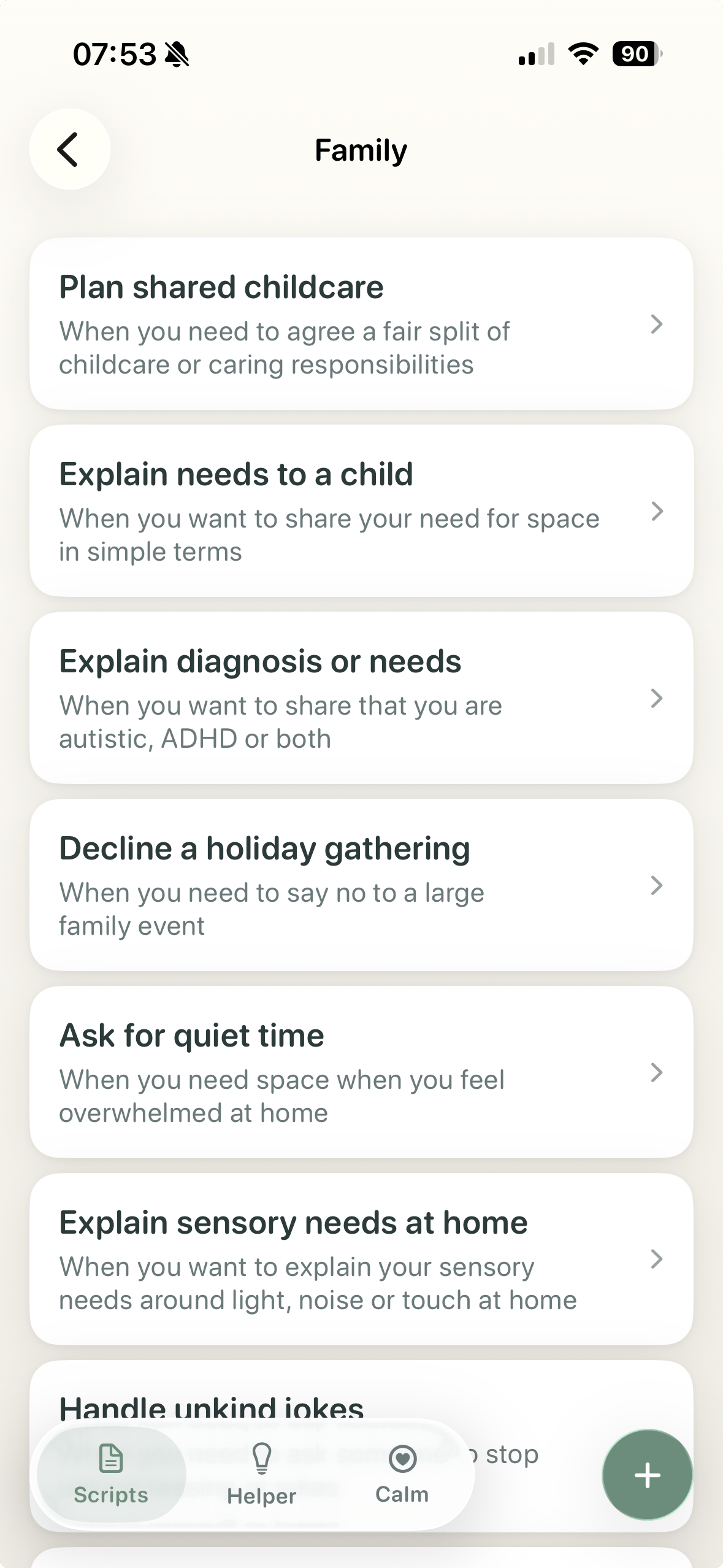 tonen Scripts screen with conversation script categories